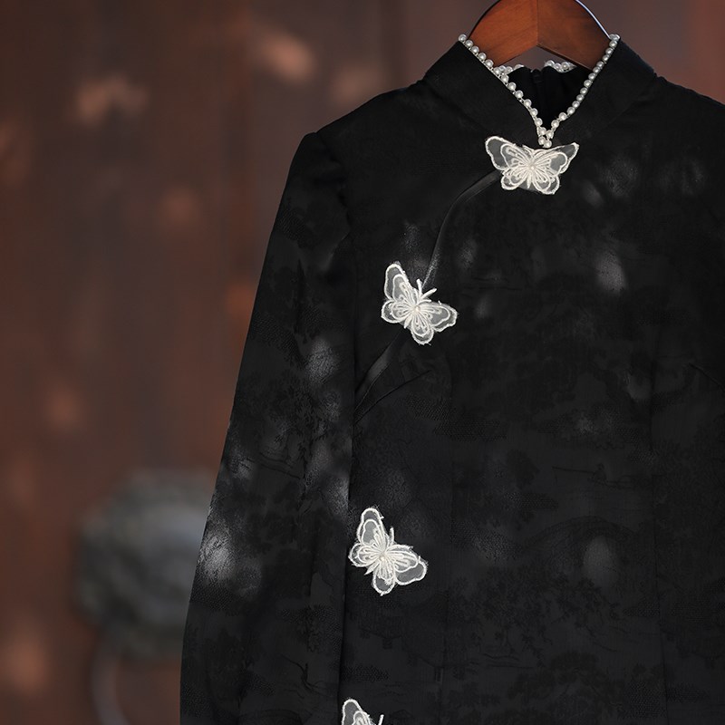 江南絮|玖念|小个子短款黑色旗袍长袖年轻日Q常可爱气质连衣裙女