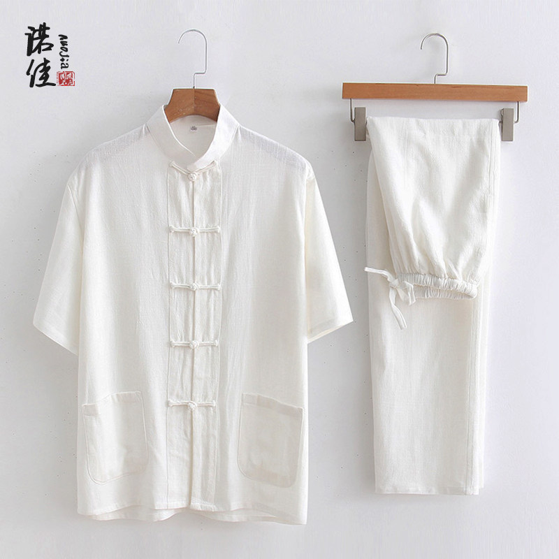 男士唐装夏季亚麻短袖中国风套装薄款中老年爸爸装爷爷夏装太极服