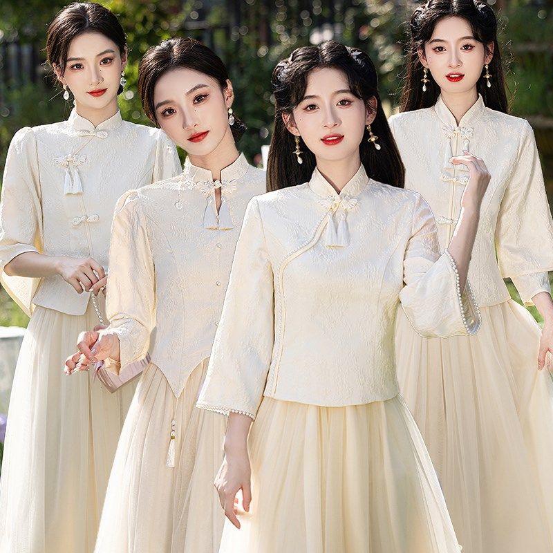 香槟色中式伴娘服2024新款秋冬高级感姐妹服伴娘团平时可穿伴娘裙