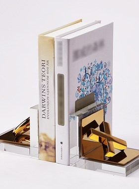 现代简约金属水晶书档摆件客厅书房酒店软装饰品创意别墅书靠摆设