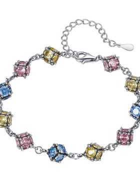 日韩手镶锆石琉璃球彩色玫红天空蓝手链女气质百搭璀璨彩锆手饰品