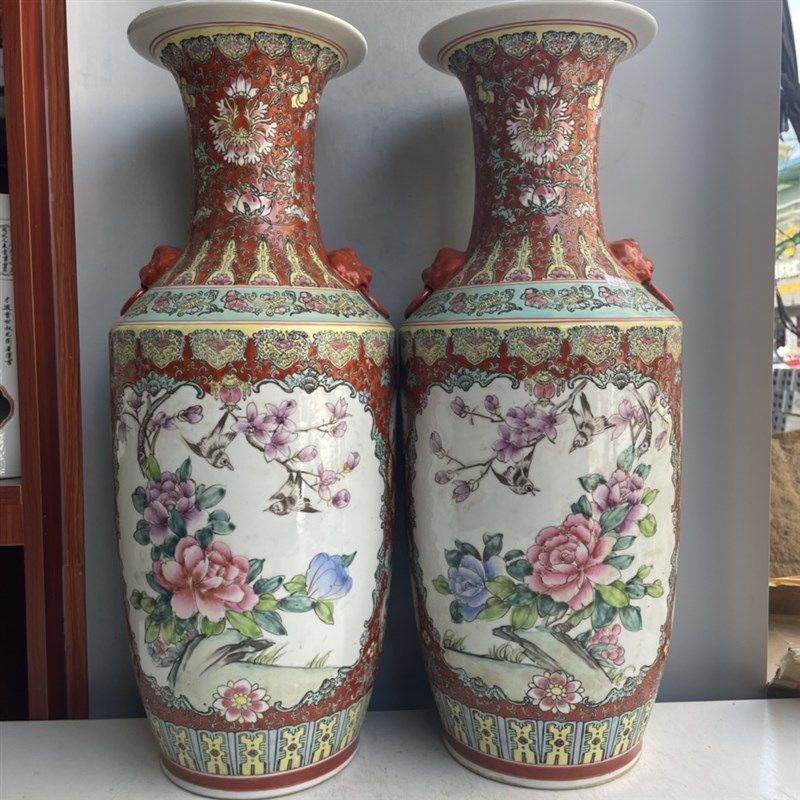 书房文玩瓷器台摆民国时期老厂瓷手绘粉彩鸟语花香大花瓶一对