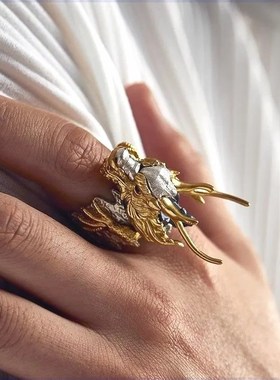 霸气凸显男士独特个性魅力小众喜好品味个性双色龙首可调节指环