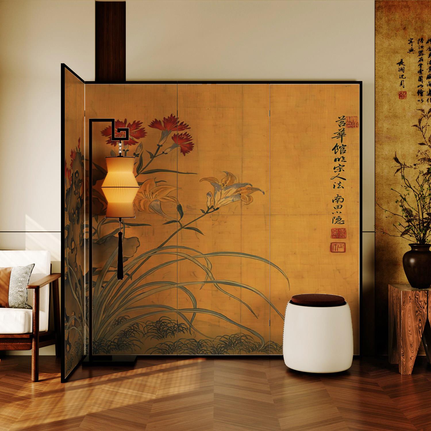 新中式花卉复古金箔屏风隔断移动背景折叠定制古典茶室漆画折屏