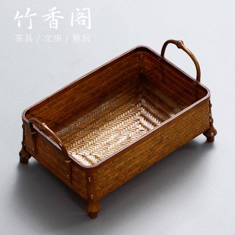 竹香阁中式竹编多功能茶具收纳复古典雅竹篮茶杯茶室桌面水果篮