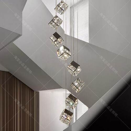 魔方楼梯吊灯loft复式楼旋转楼梯间轻奢别墅挑空客厅艺术水晶吊灯