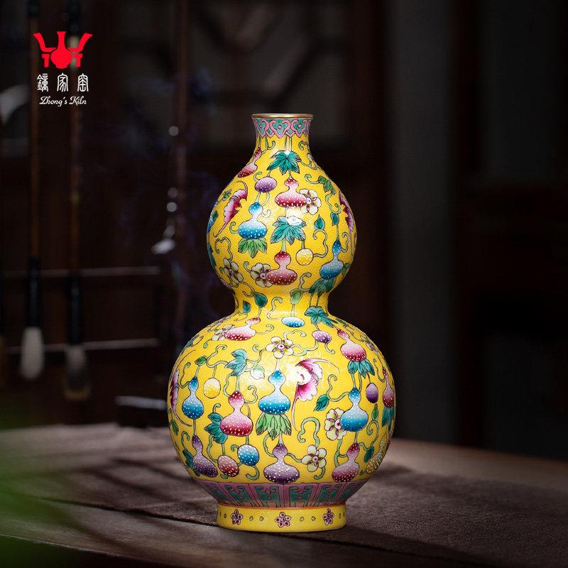 手绘扒花珐琅彩葫芦瓶中式客厅玄关装饰摆件钟家窑景德镇陶瓷花瓶