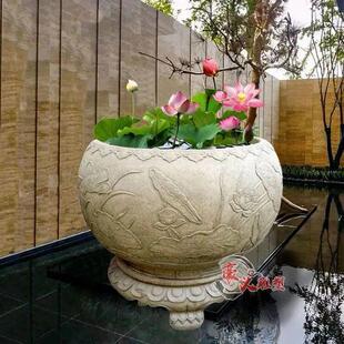 石雕鱼缸花盆青石圆形石头缸户外养鱼池彷古石槽庭院养鱼招财摆件