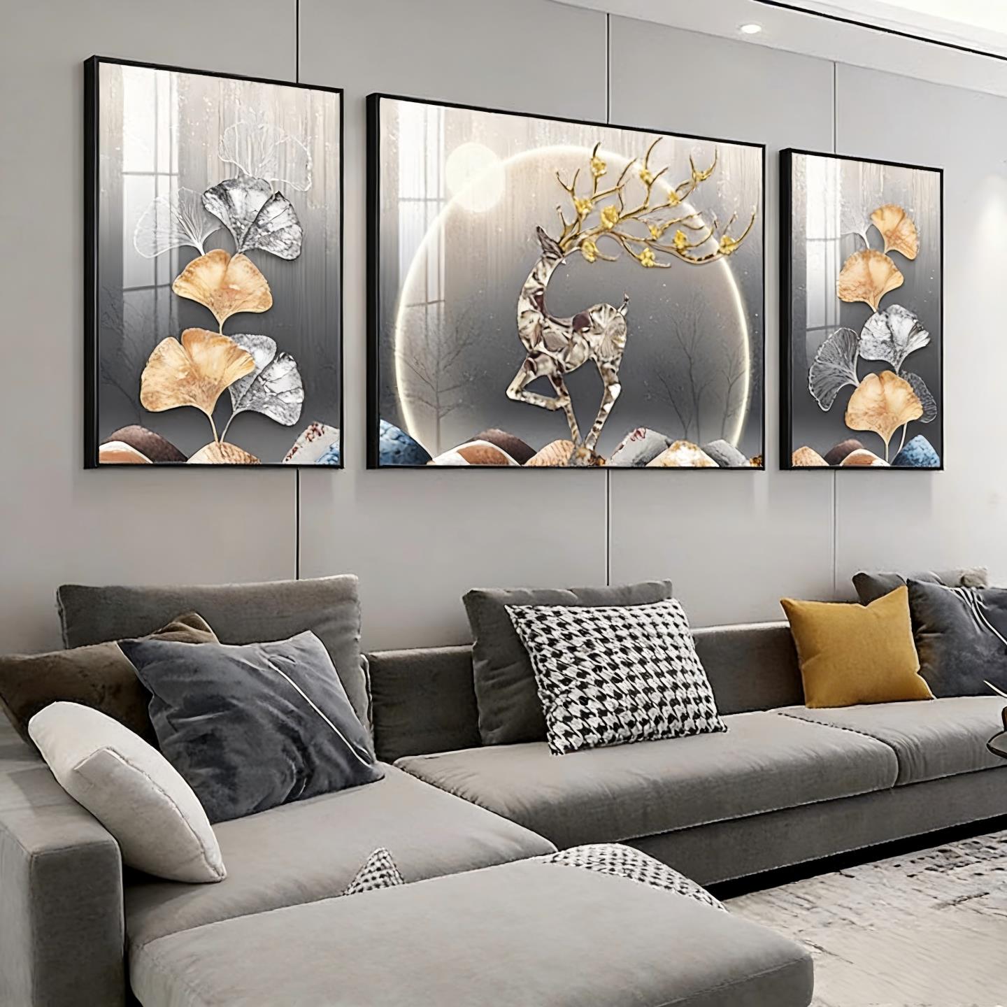 高端轻奢客厅沙发背景墙挂画装饰画现代简约北欧抽象三联晶瓷壁画