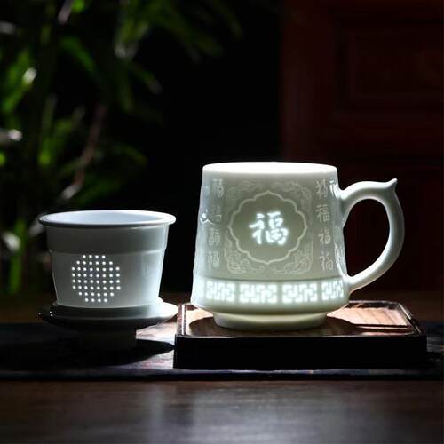景德镇高端陶瓷茶水分离杯带盖男女过滤泡茶杯个人办公水杯送礼