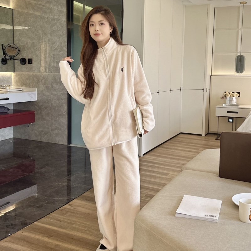 双面绒情侣睡衣女春秋冬季加绒保暖简约休闲可外穿珊瑚绒家居服男