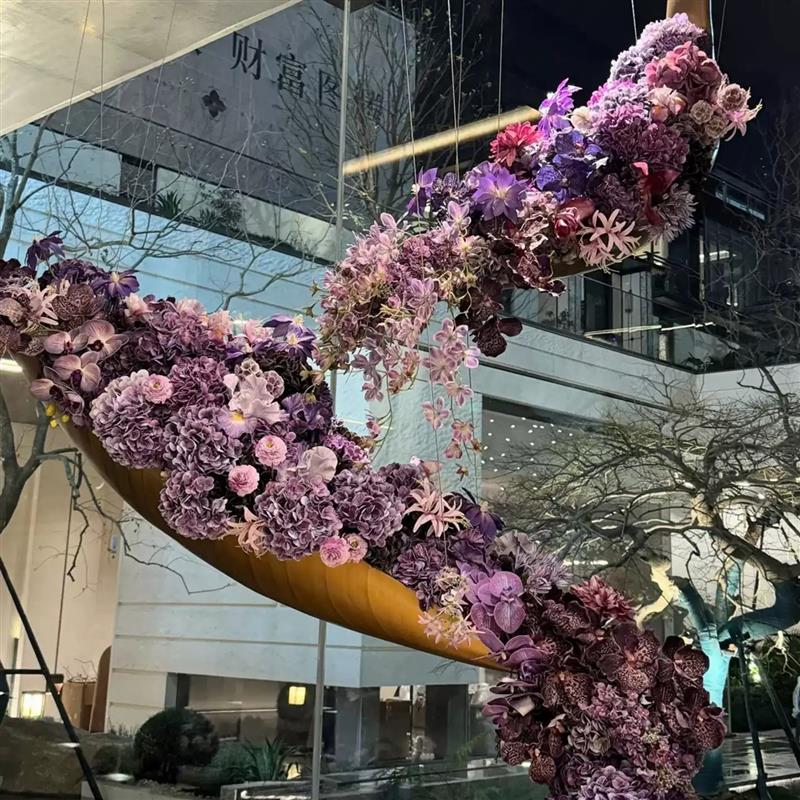 悬浮吊挂紫色仿真绣球花造景餐厅会所走廊艺术装置插花设计装饰品