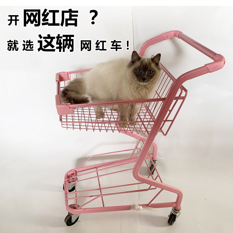 双层铁框购物手推车 白色双层超市购物车 网红粉色购物小推车