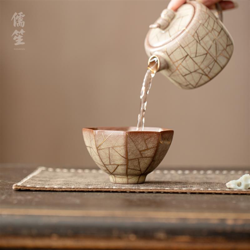 描金哥窑茶杯陶瓷品茗杯功夫茶具个人专用主人杯冰裂纹开片茶盏