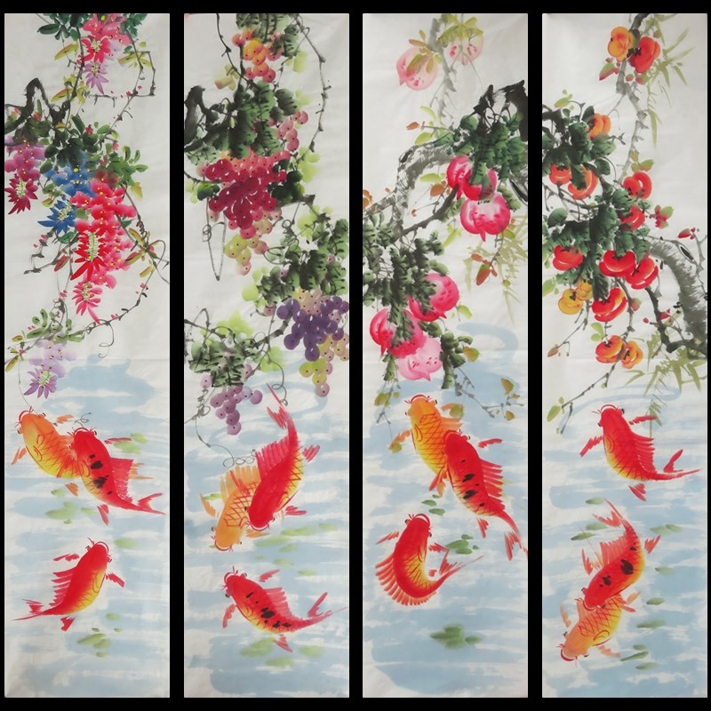 手绘花鸟鱼画心国画中式现代四条屏套画客厅装饰挂画字画特价E-54