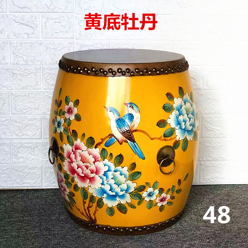 手绘牛皮鼓凳田园彩绘实木圆凳梳妆凳换鞋凳中式仿古家具创意凳子