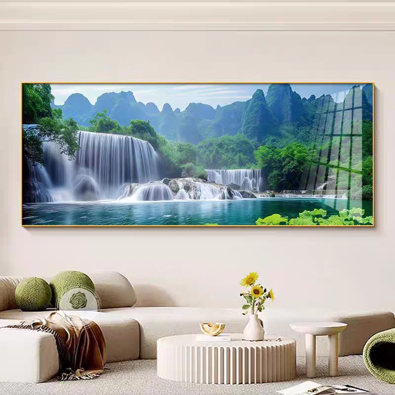 聚宝盆装饰画青山绿水沙发背景墙挂画流水生财横版山水晶瓷画