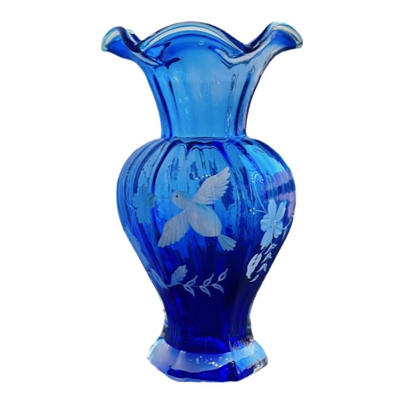 中古芬顿风钴蓝手绘手工玻璃花瓶家居法式轻奢水培插花器客厅摆件