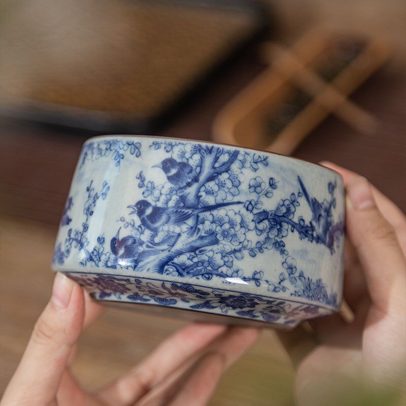 景德镇青花陶泥花鸟茶洗水盂家用茶渣缸陶瓷水洗废水缸茶道零配件
