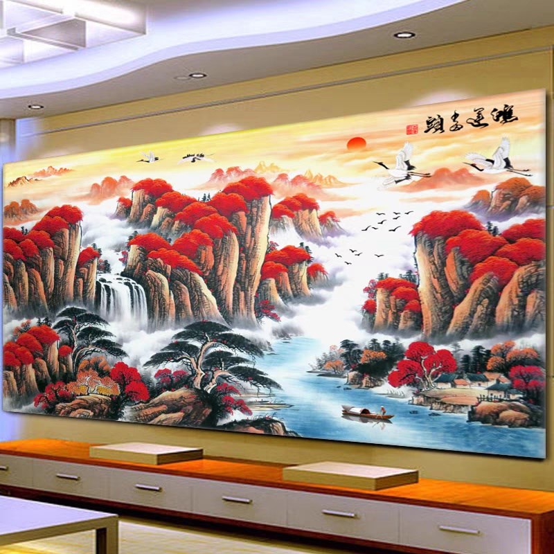 鸿运当头大型国画竹木纤维集成墙板客厅沙发山水背景墙床头碳晶板