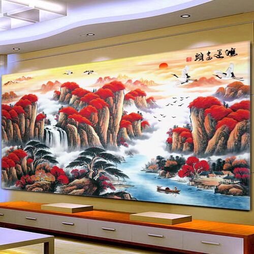 鸿运当头大型国画竹木纤维集成墙板客厅沙发山水背景墙床头碳晶板