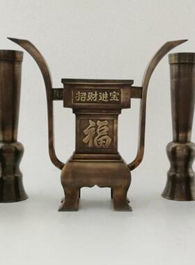 彷古铜五供 纯铜烛台香炉套件 铜香炉 纯铜香桶 香具摆件供奉供器