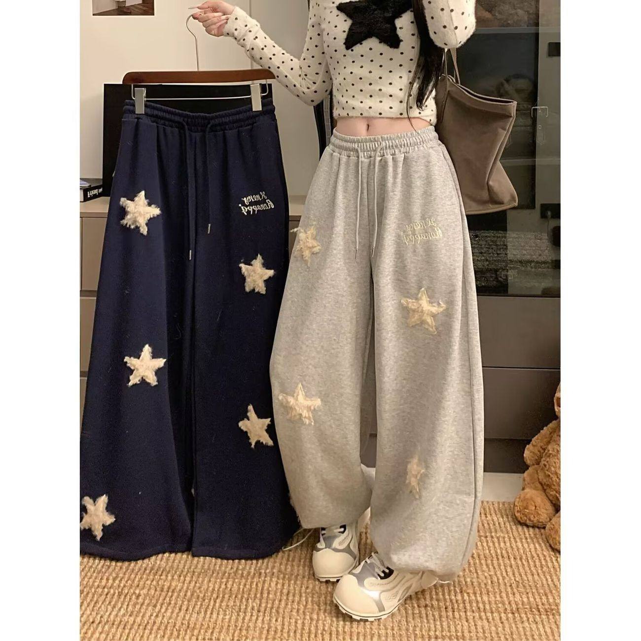 美式复古毛绒星星刺绣运动卫裤女休闲裤