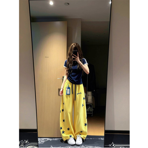 美式高街复古星星满印运动卫裤女宽松慵懒垂感跳舞阔腿弯刀休闲裤