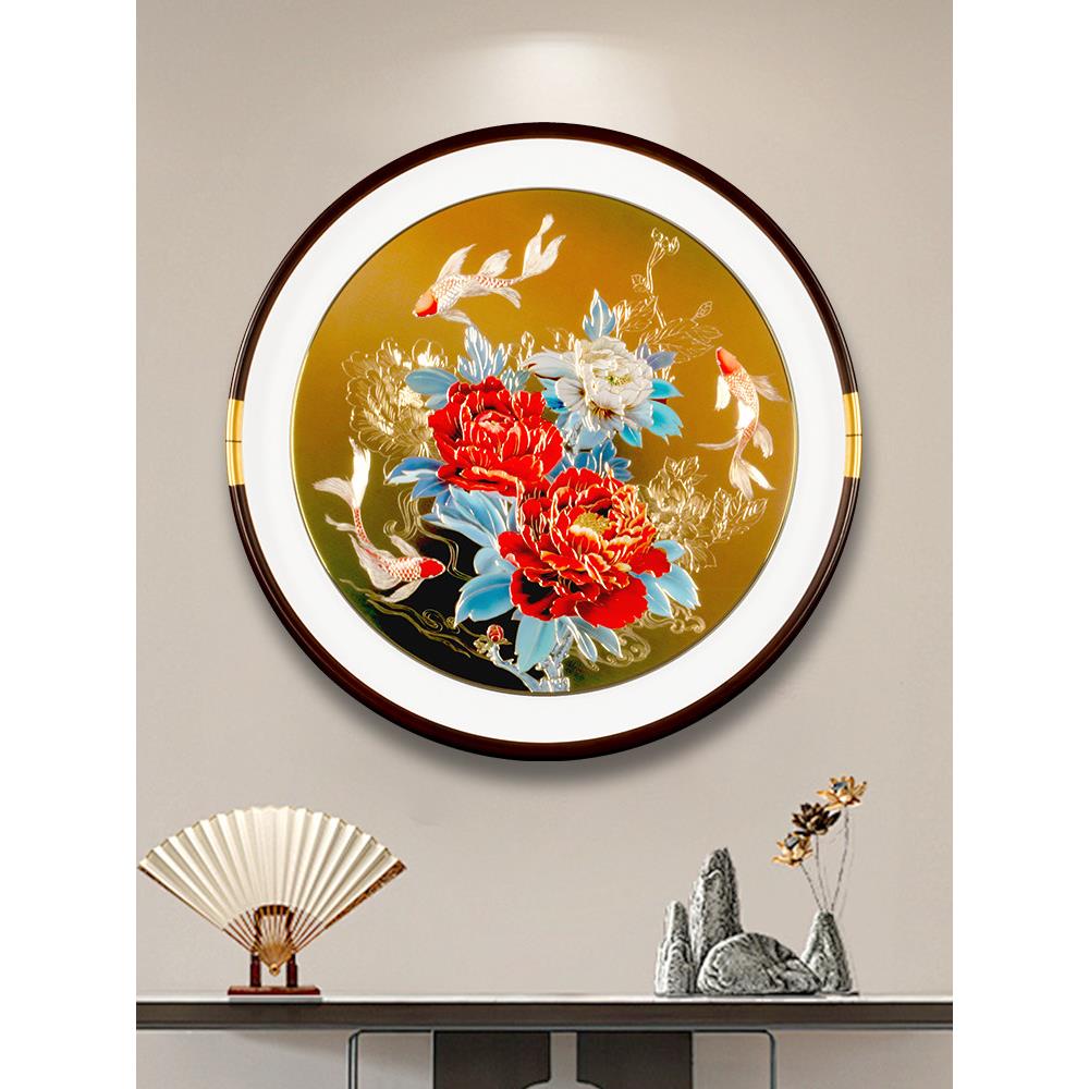 圆铜雕画、门厅装饰画、牡丹铜板、手工餐厅、新中国风走廊挂画