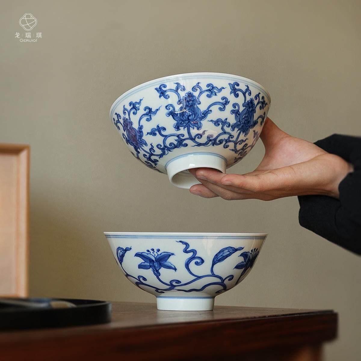 景德镇陶瓷餐具纯手工薄胎中式大号青花缠枝莲栀子花汤碗饭碗宫碗