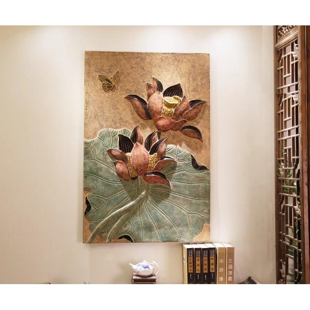 中式浮雕荷花壁饰复古家居装饰工艺品玄关画背景墙挂件映日荷香图片