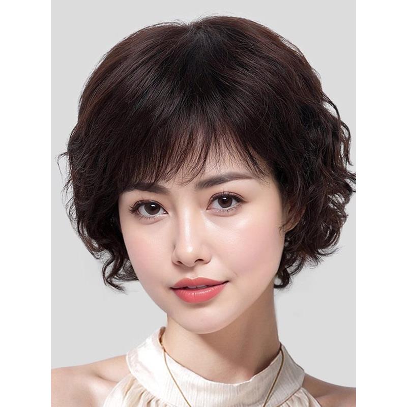 假发真正的头发全人的头发中年和老年人短卷发假发集母亲全头集女