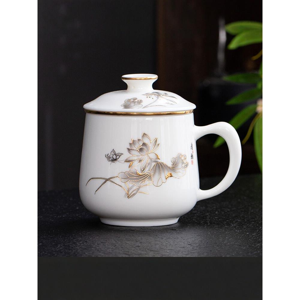 高端羊脂玉瓷办公水杯白瓷泡茶杯大容量陶瓷茶水分离带盖过滤礼盒