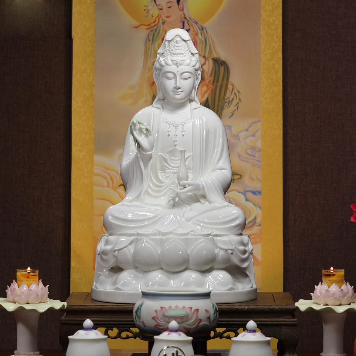 陶瓷南海观世音菩萨摆件白瓷古坐莲观音佛像家用供奉保平安普陀山