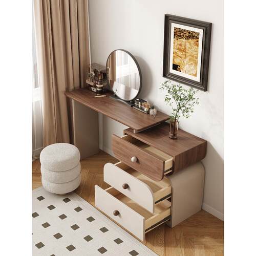 实木梳妆台2025新款斗柜侘寂可伸缩收纳一体书桌卧室小户型化妆桌