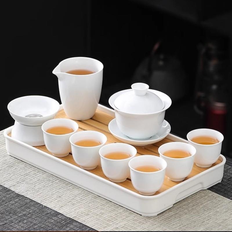 景德镇羊脂玉白瓷功夫茶具套装家用办公泡茶壶盖碗茶杯陶瓷高档轻