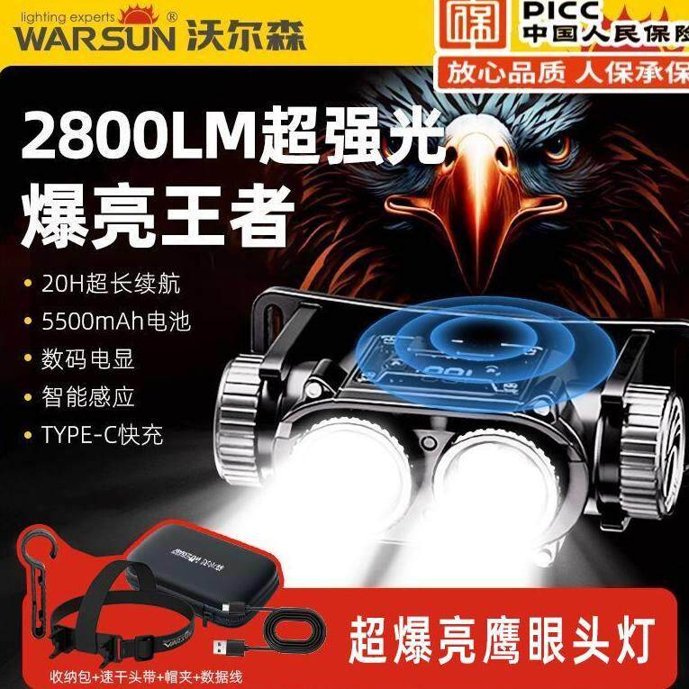 沃尔森鹰隼夜钓感应头灯超长续航强光超亮充电户外照明头戴式家用