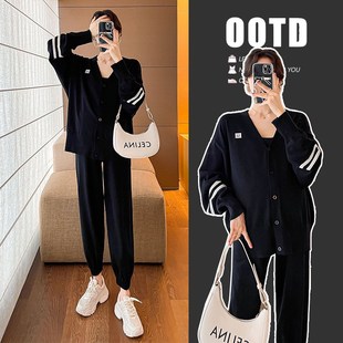 针织开衫 外穿长袖 外套运动两件套200斤潮 孕妇春秋网红套装 加大码