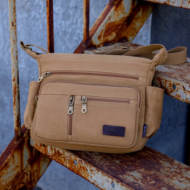 纯正棉帆布男包休闲男士单肩包斜挎包男横款大容量斜跨背包卡其色