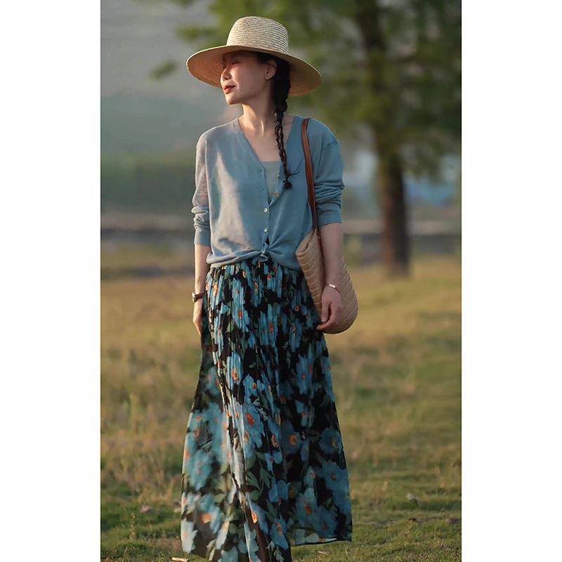 早春高腰法式气质垂坠o感碎花半身裙子仙女超仙森系长裙到脚踝夏