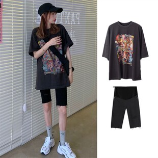 夏季 上衣托腹五分牛仔裤 套装 中长款 两件套 网红做旧T恤韩版 孕妇装