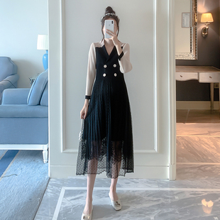 秋季 孕妇秋装 气质显瘦百褶网纱拼接中长款 款 裙子潮 连衣裙2021时尚