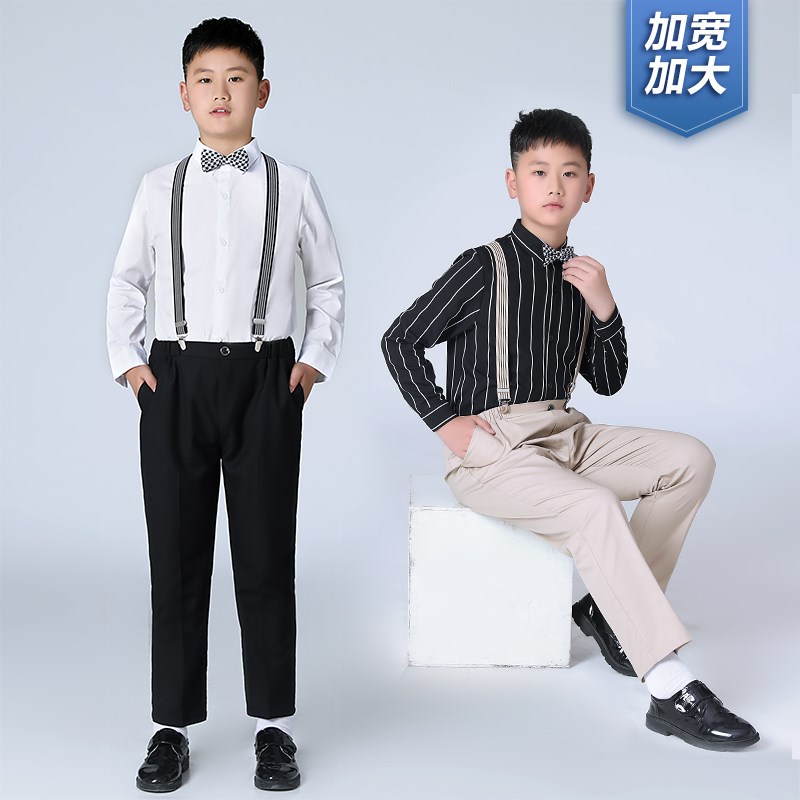 儿童演出服主持人朗诵礼服男童大码童装I加肥版大童长袖背带裤套