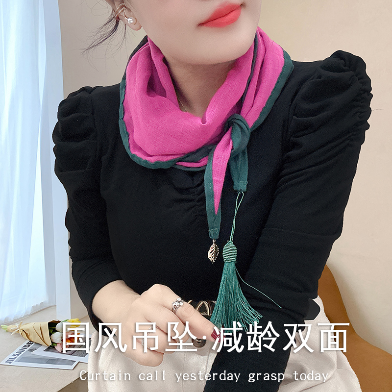 国风棉麻吊坠丝巾女2023新款秋B冬季护颈三角围巾多功能围脖领巾