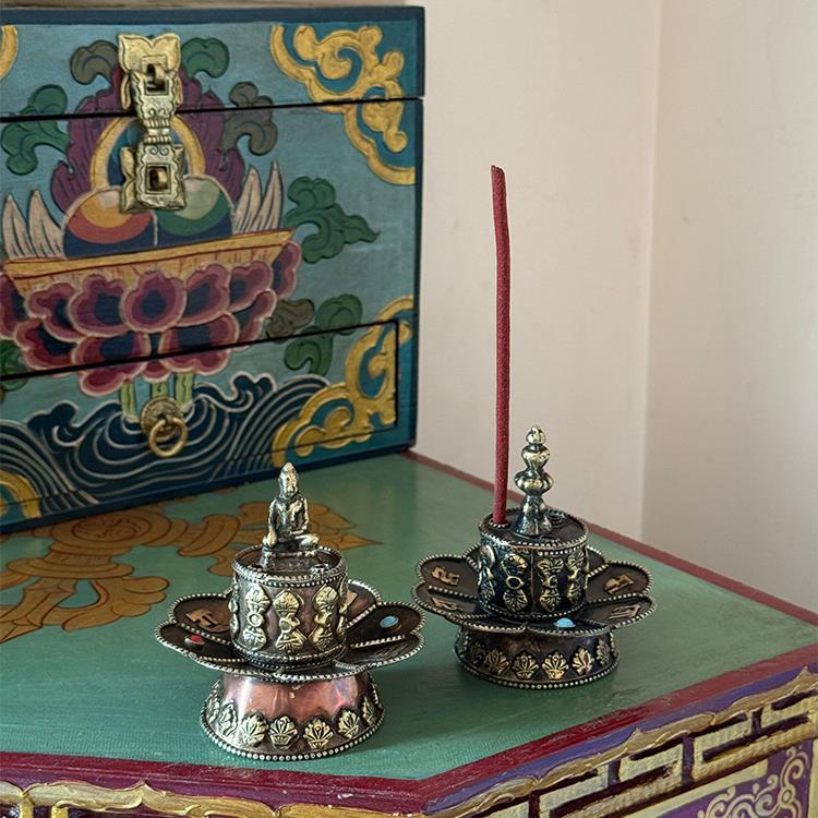 尼泊尔手工纯铜香炉藏式香插覆古做旧塔香线 线香藏香器家居摆饰