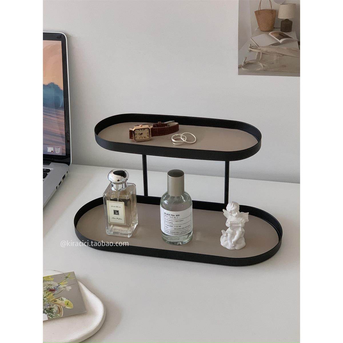 北欧铁艺双层收纳架桌面杂物整理架卧室化妆品香水置物架展示架