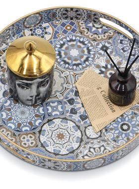 装饰托盘轻奢圆形茶几咖啡桌收纳摆件桌面点心盘果盘带把手置物盘