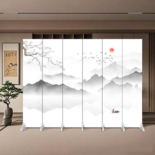 新中式山水画屏风隔断客厅美容院简约现代办公室折叠移动背景墙