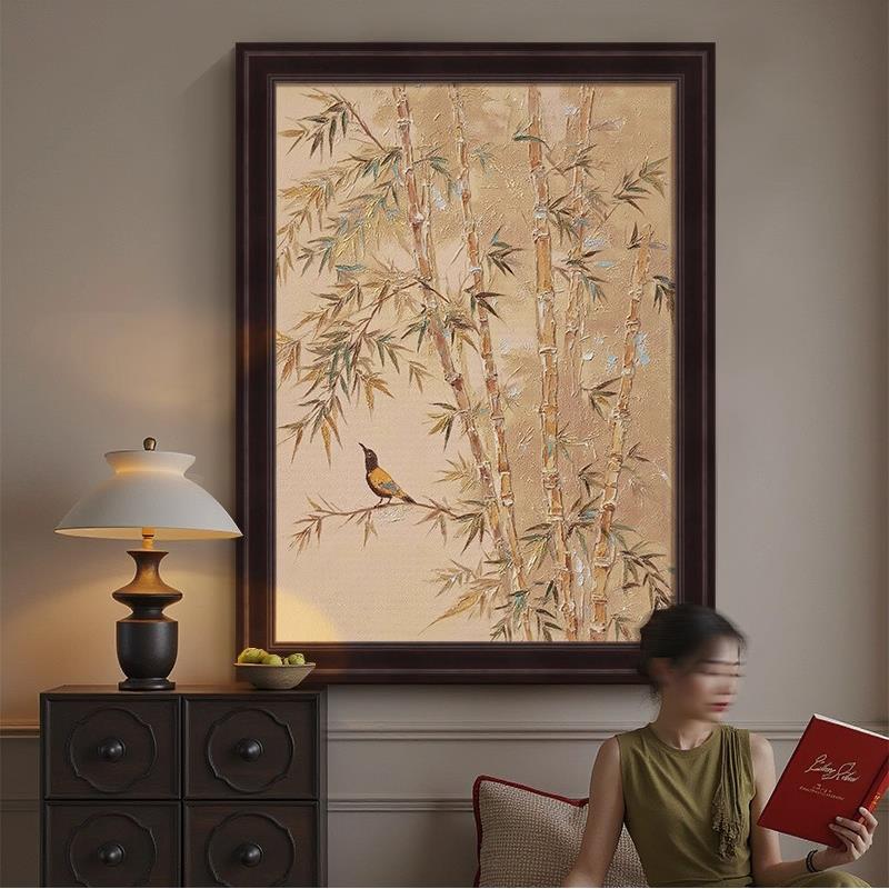 新中式客厅装饰画宋代美学复古竹报平安竹子肌理中古饭厅玄关挂画