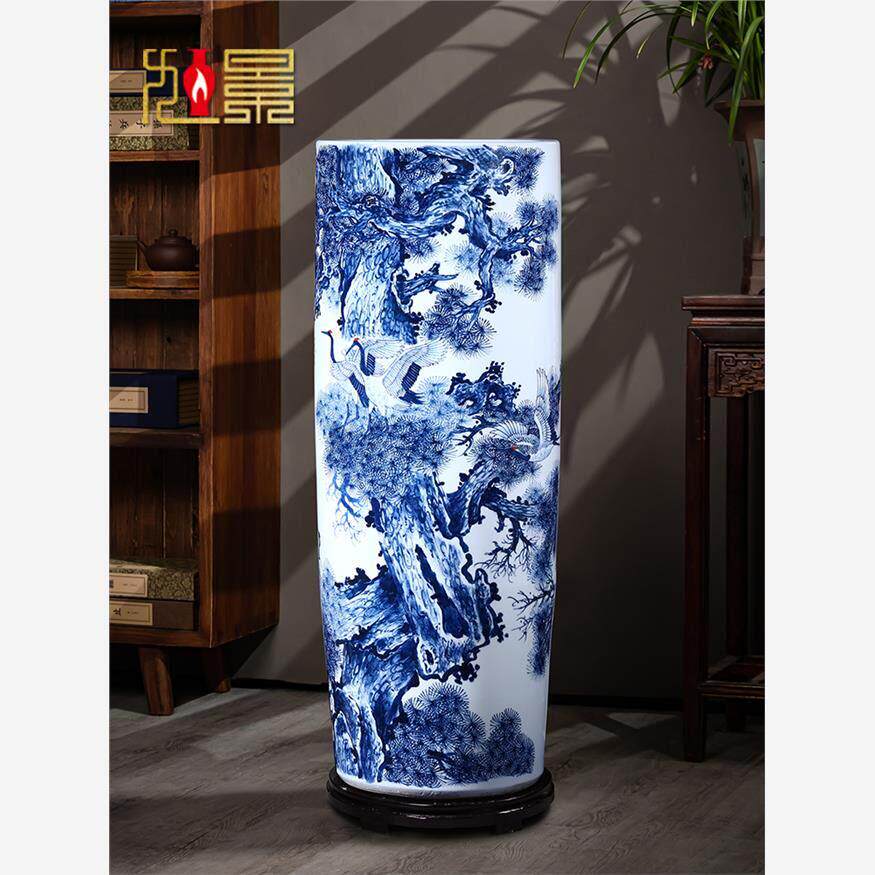 景德镇陶瓷手绘青花瓷落地大花瓶插花箭筒客厅书画缸直筒瓷器摆件
